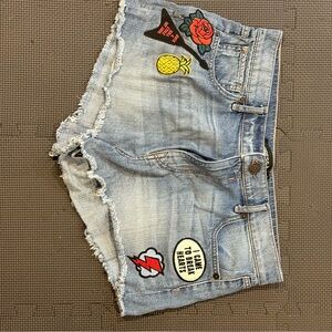 Express Blue Jean Shorts with Distressed Hem and Patches